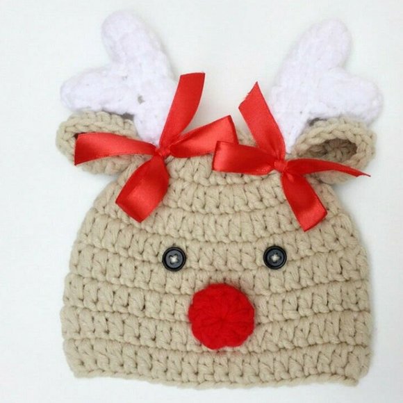 Infant Brown/White Rudolph Christmas Newborn with Bow-Knot Beanie/Hat - Picture 2 of 5
